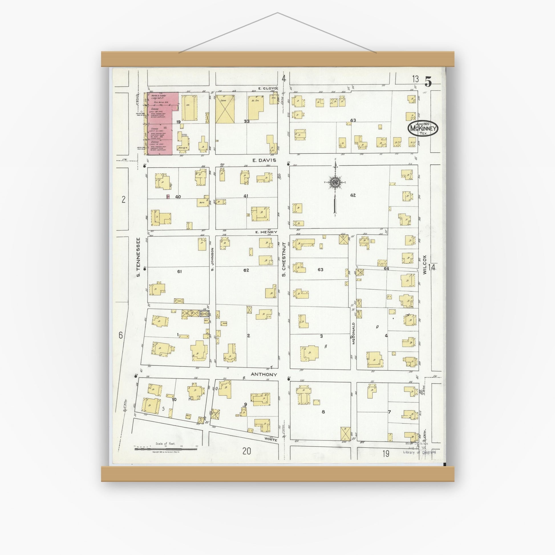 Old map wall art mockup — magnetic wood frame on white wall — Sanborn Fire Insurance Map from McKinney, Collin County, Texas (1920), Sheet #0005