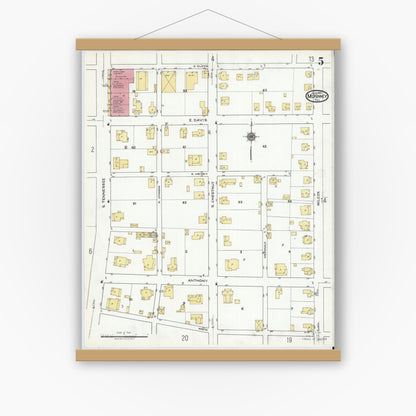 Old map wall art mockup — magnetic wood frame on white wall — Sanborn Fire Insurance Map from McKinney, Collin County, Texas (1920), Sheet #0005