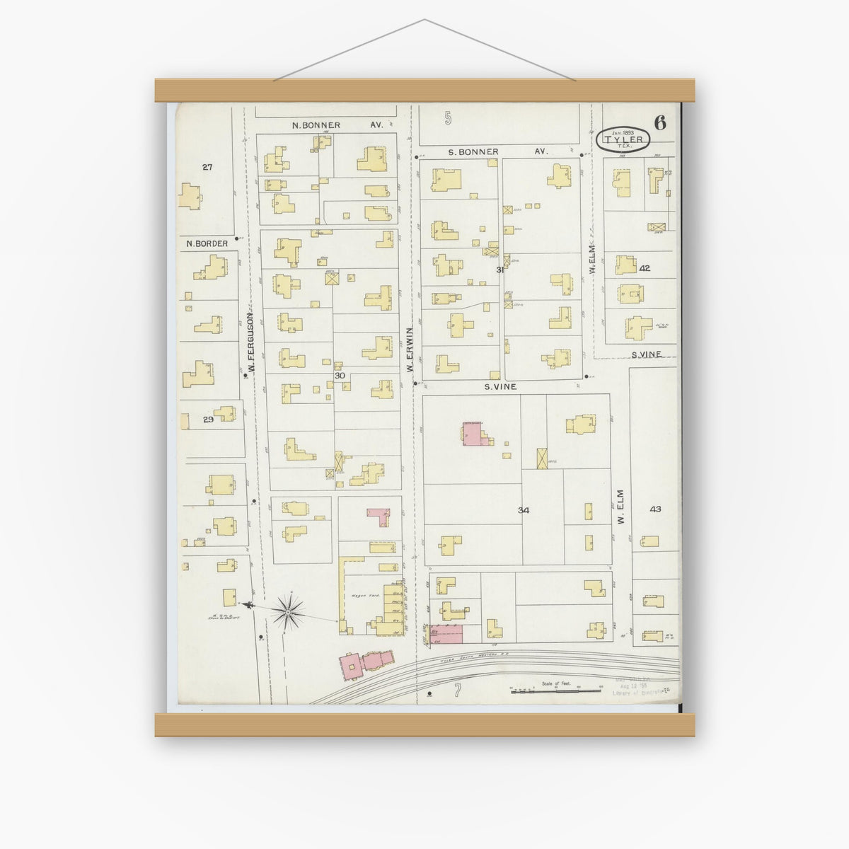 Old map wall art mockup — magnetic wood frame on white wall — Sanborn Fire Insurance Map from Tyler, Smith County, Texas (1893), Sheet #0006