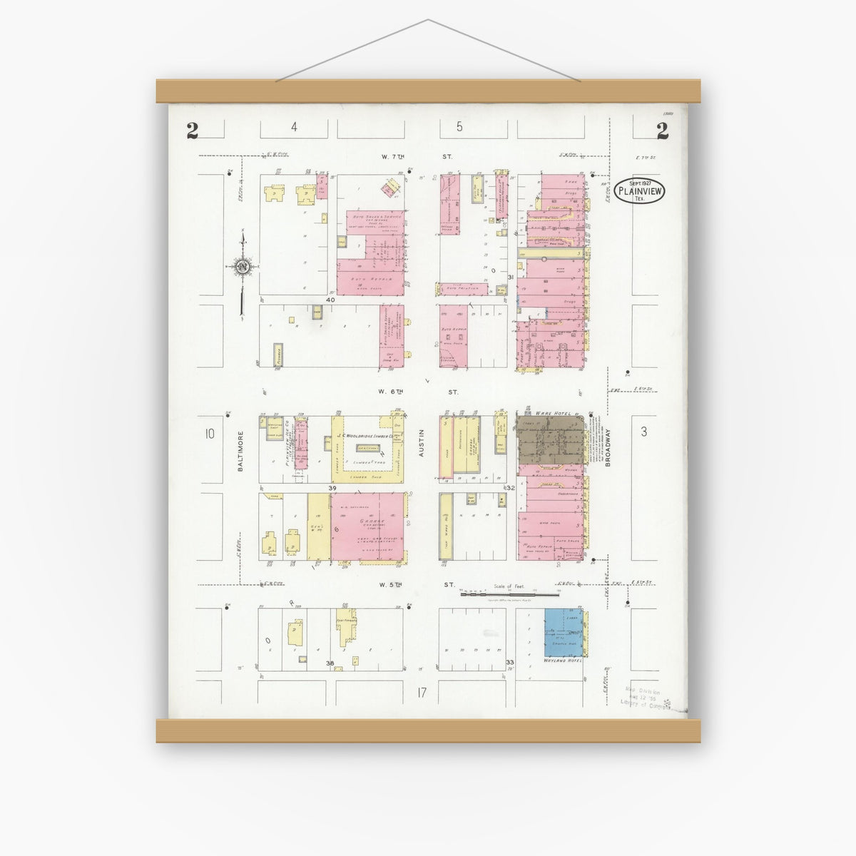 Old map wall art mockup — magnetic wood frame on white wall — Sanborn Fire Insurance Map from Plainview, Hale County, Texas (1927), Sheet #0002