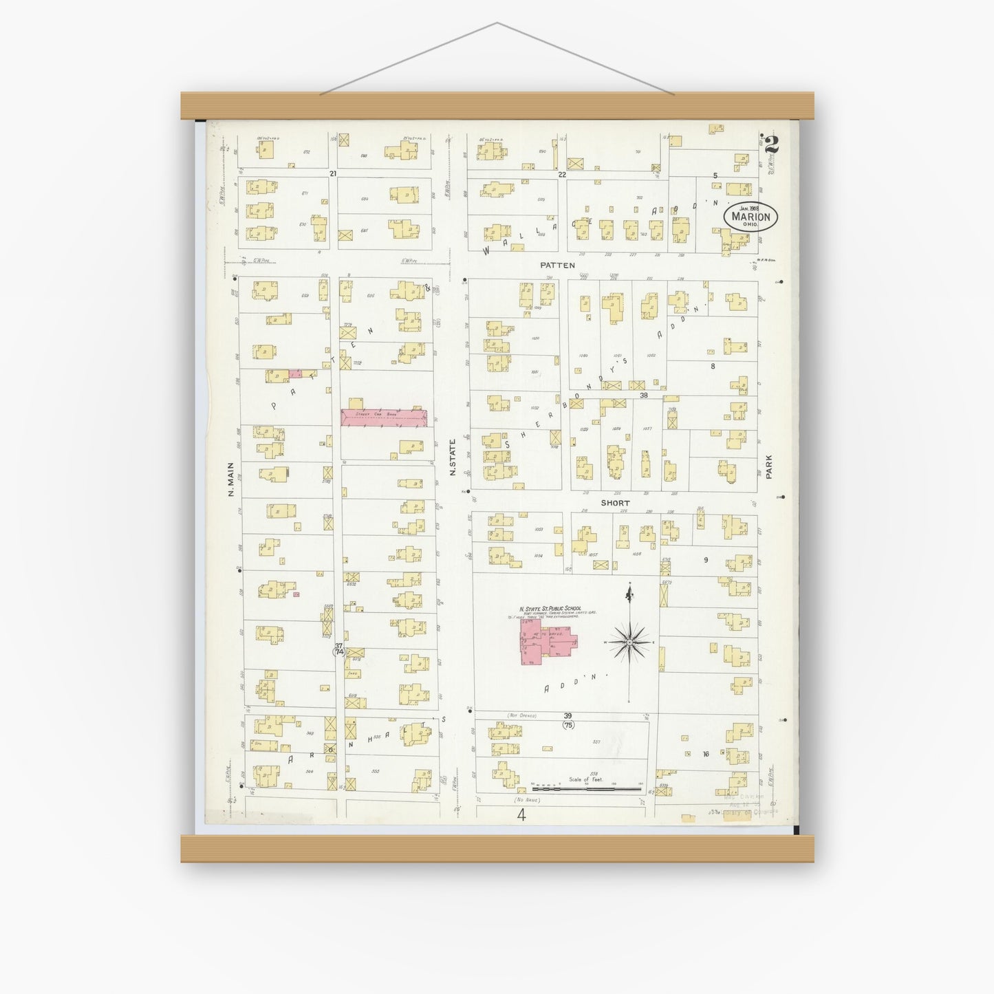 Old map wall art mockup — magnetic wood frame on white wall — Sanborn Fire Insurance Map from Marion, Marion County, Ohio (1908), Sheet #0002