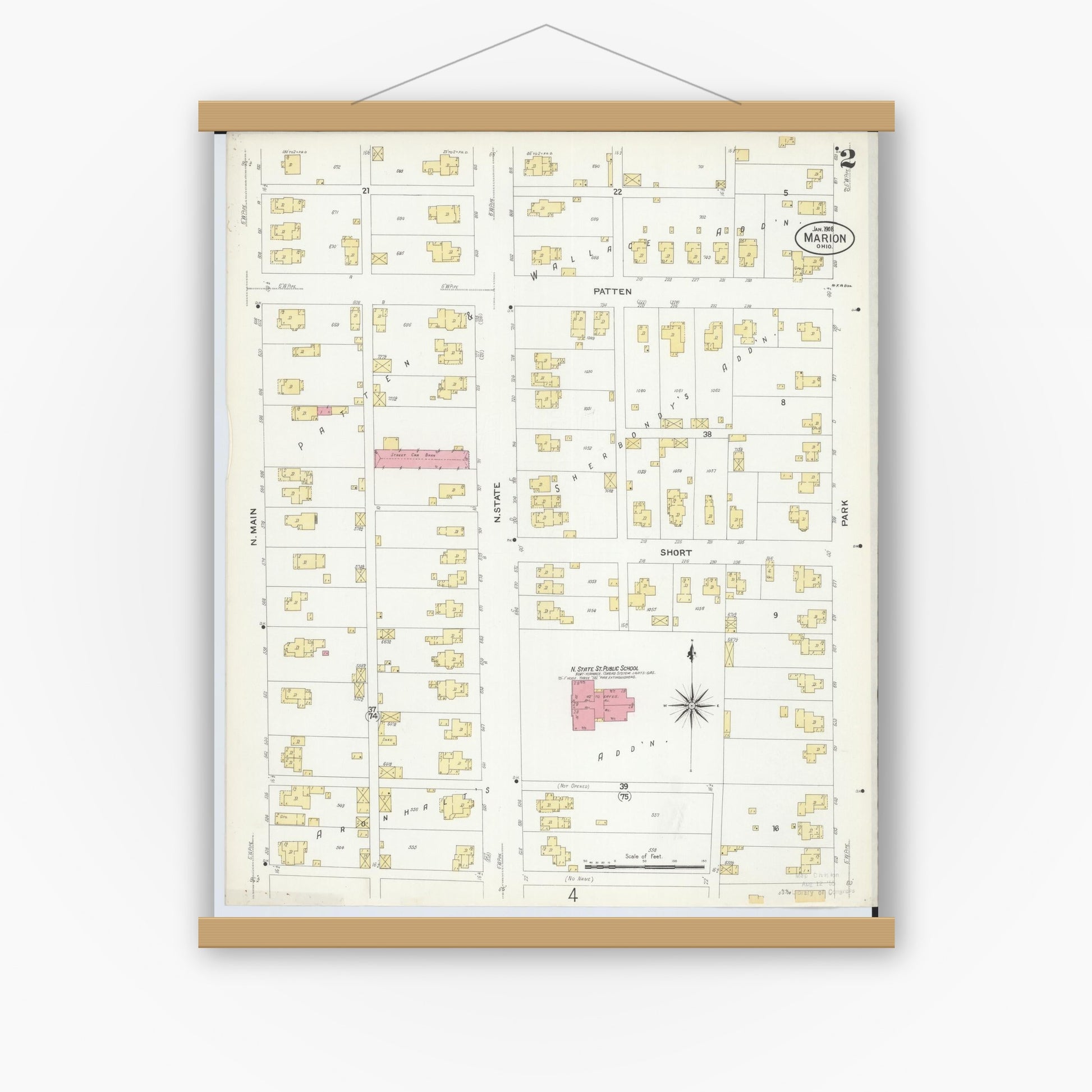 Old map wall art mockup — magnetic wood frame on white wall — Sanborn Fire Insurance Map from Marion, Marion County, Ohio (1908), Sheet #0002