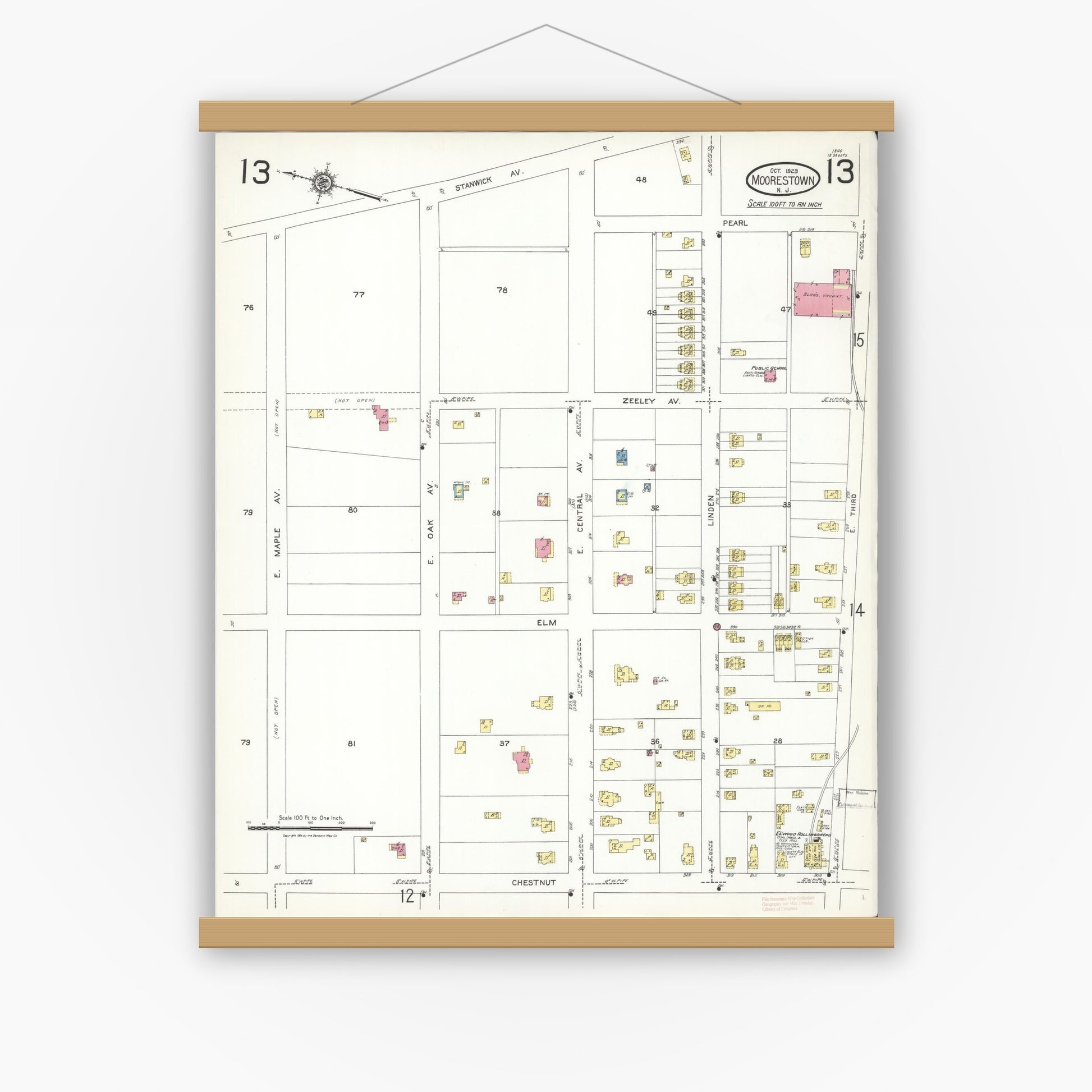 Old map wall art mockup — magnetic wood frame on white wall — Sanborn Fire Insurance Map from Moorestown, Burlington County, New Jersey (1923), Sheet #0013
