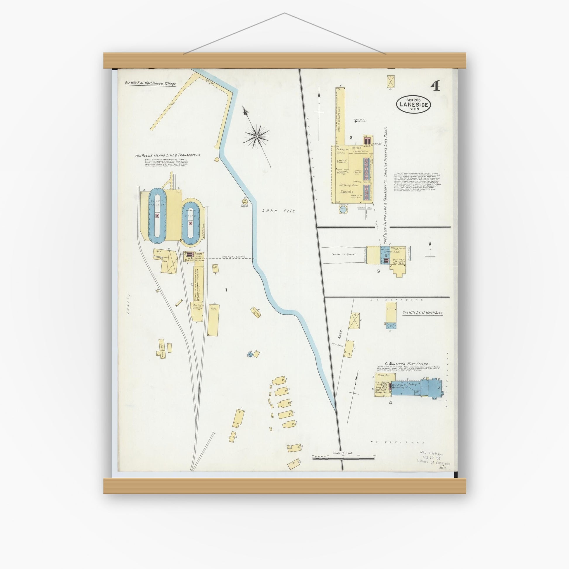 Old map wall art mockup — magnetic wood frame on white wall — Sanborn Fire Insurance Map from Lakeside, Ottawa County, Ohio (1905), Sheet #0004