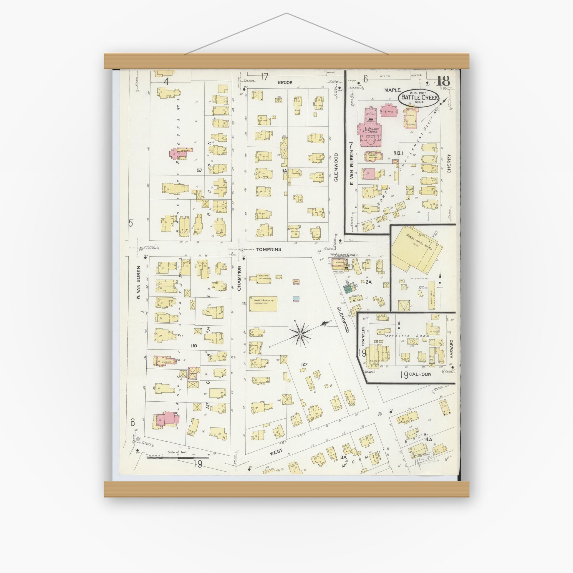 Old map wall art mockup — magnetic wood frame on white wall — Sanborn Fire Insurance Map from Battle Creek, Calhoun County, Michigan (1907), Sheet #0018