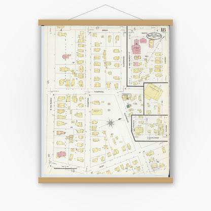 Old map wall art mockup — magnetic wood frame on white wall — Sanborn Fire Insurance Map from Battle Creek, Calhoun County, Michigan (1907), Sheet #0018