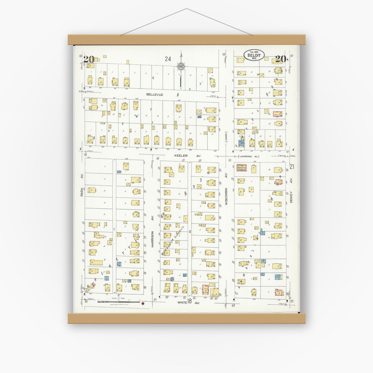 Old map wall art mockup — magnetic wood frame on white wall — Sanborn Fire Insurance Map from Beloit, Rock County, Wisconsin (1926), Sheet #0020
