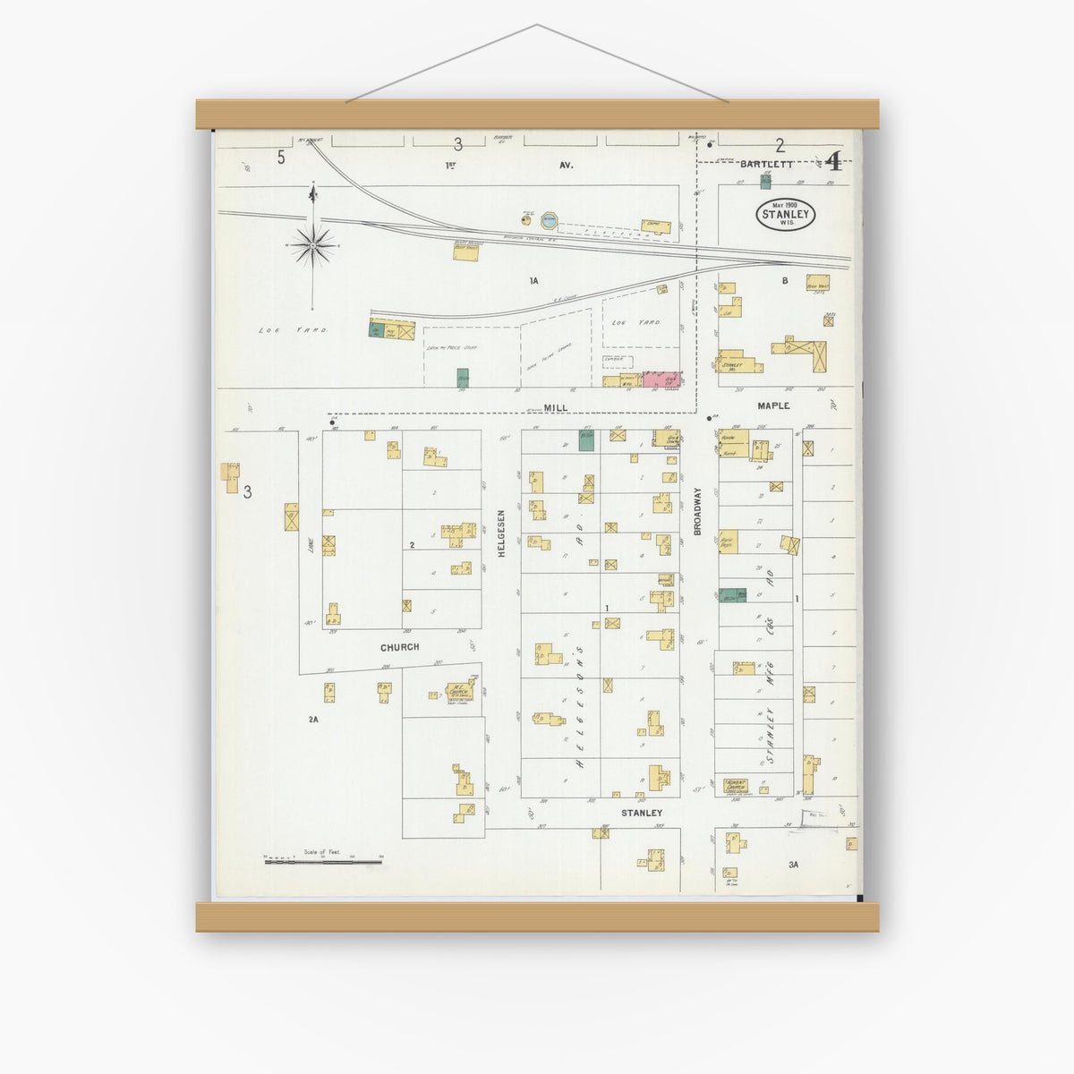 Old map wall art mockup — magnetic wood frame on white wall — Sanborn Fire Insurance Map from Stanley, Chippewa County, Wisconsin (1900), Sheet #0004
