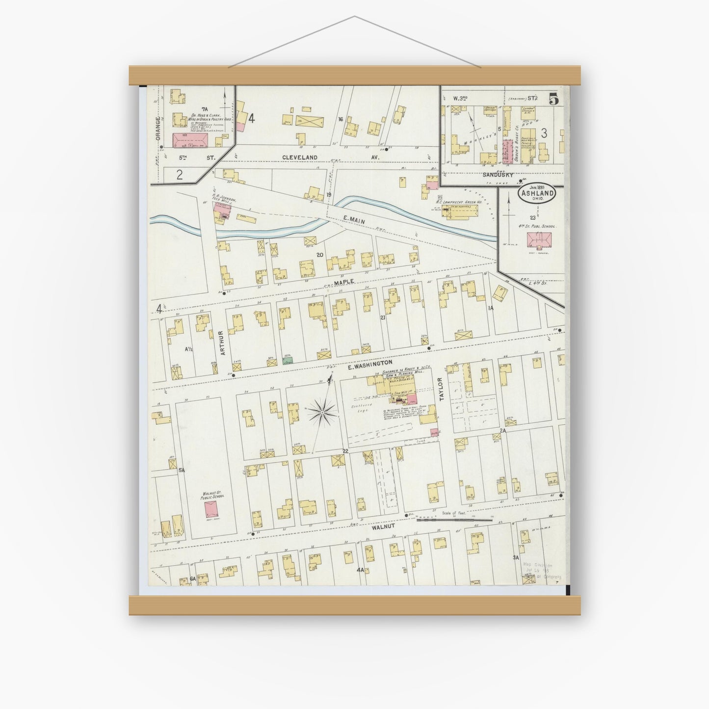 Old map wall art mockup — magnetic wood frame on white wall — Sanborn Fire Insurance Map from Ashland, Ashland County, Ohio (1899), Sheet #0005