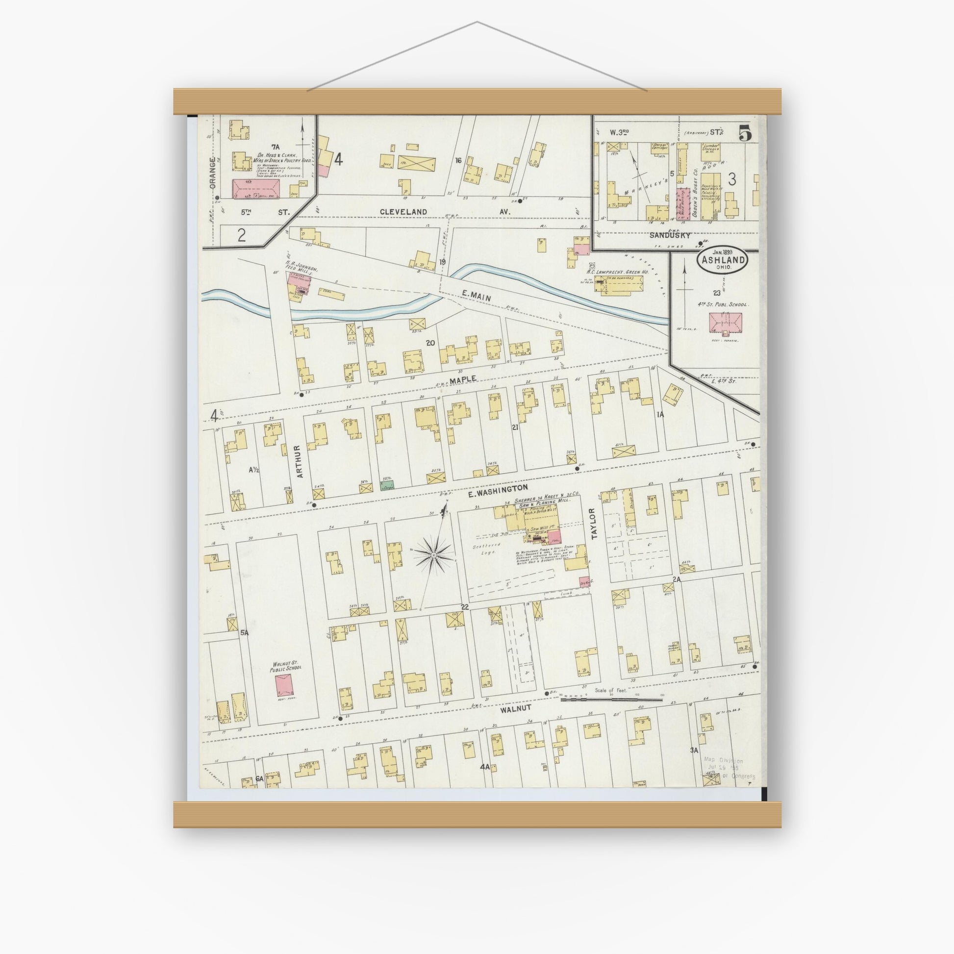 Old map wall art mockup — magnetic wood frame on white wall — Sanborn Fire Insurance Map from Ashland, Ashland County, Ohio (1899), Sheet #0005