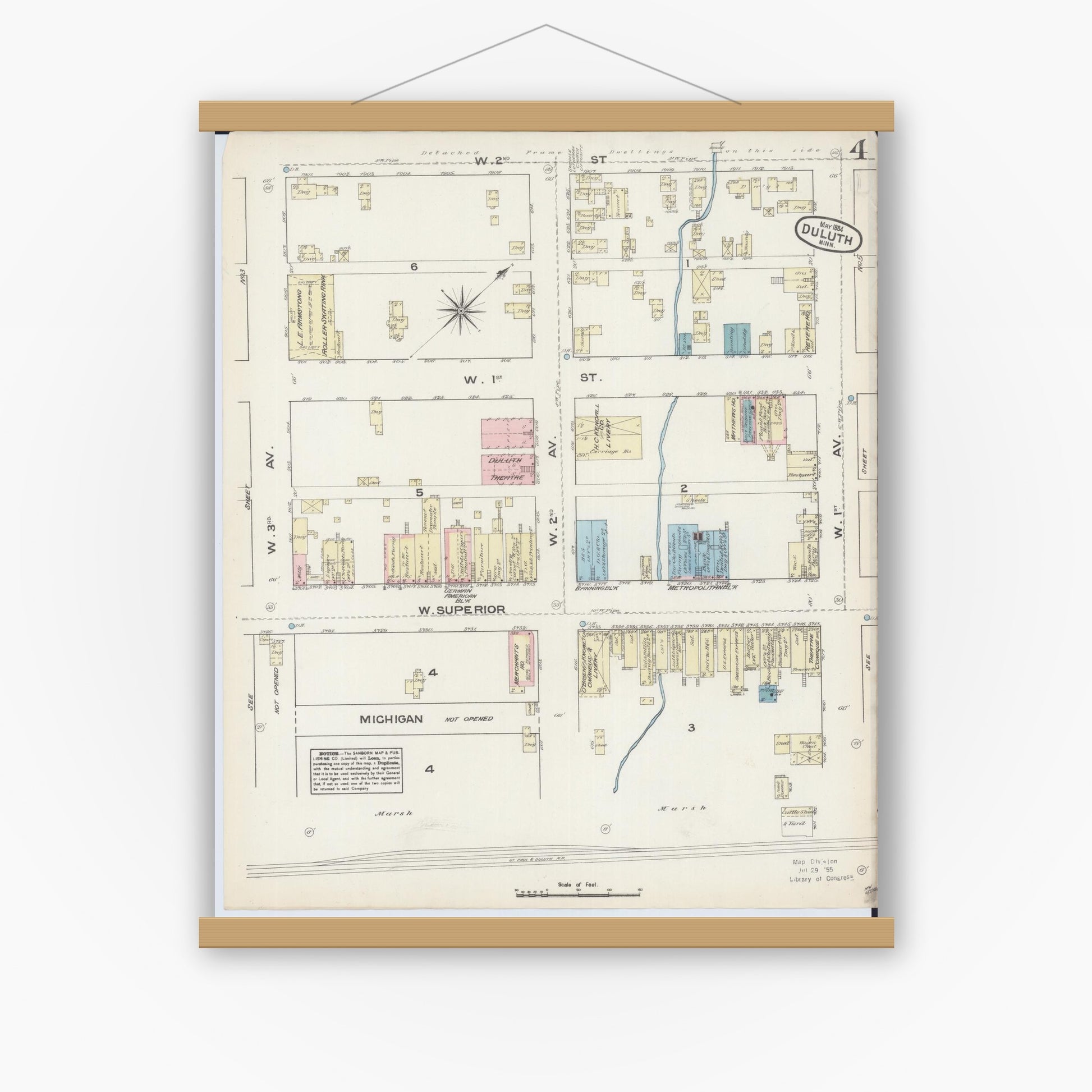 Old map wall art mockup — magnetic wood frame on white wall — Sanborn Fire Insurance Map from Duluth, Saint Louis County, Minnesota (1884), Sheet #0004
