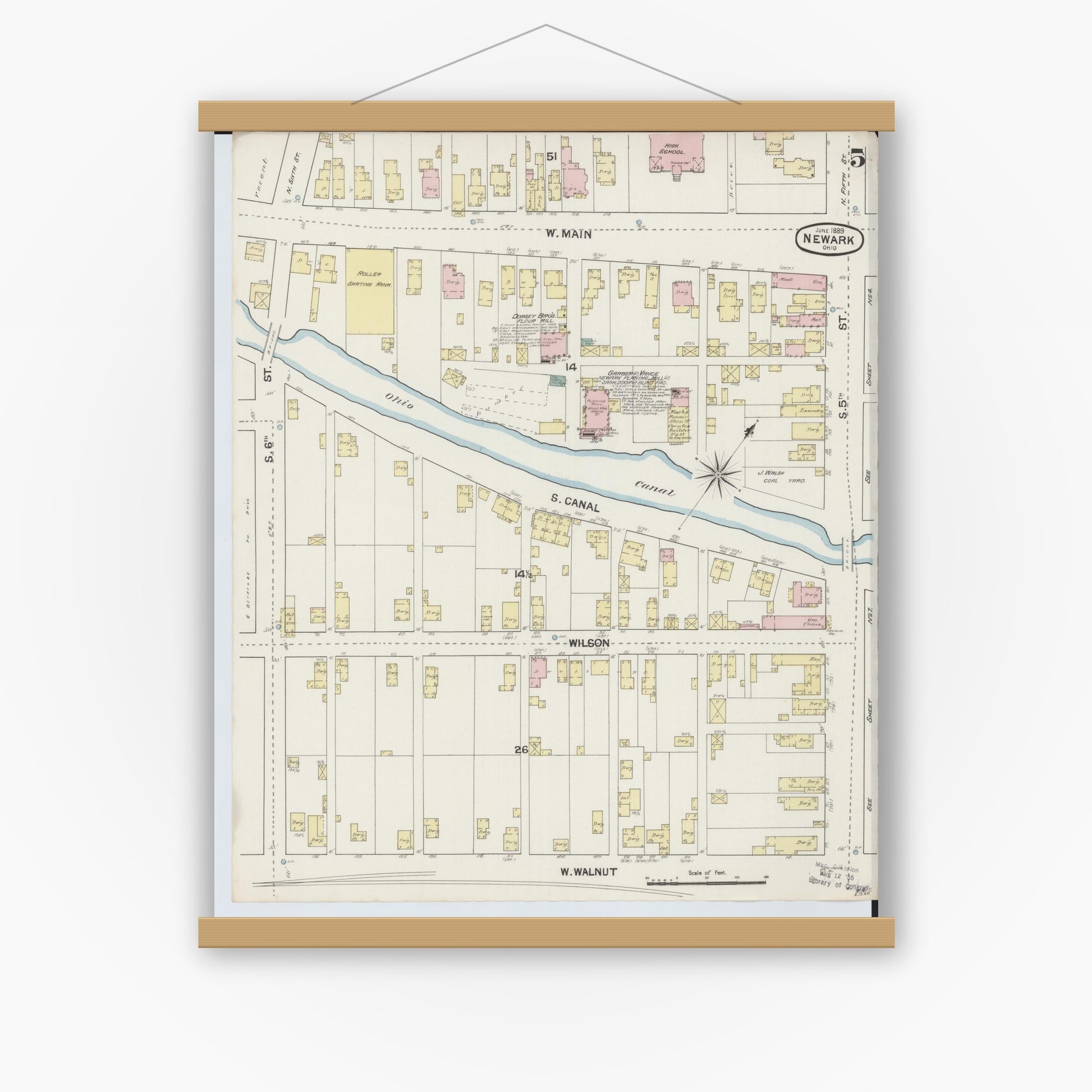 Old map wall art mockup — magnetic wood frame on white wall — Sanborn Fire Insurance Map from Newark, Licking County, Ohio (1889), Sheet #0005