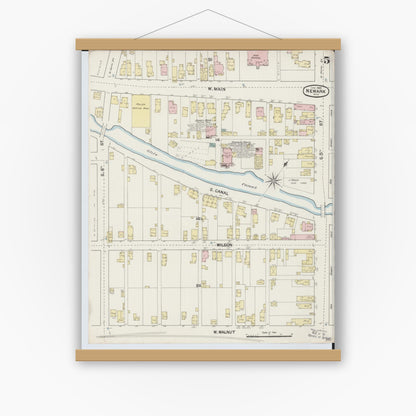 Old map wall art mockup — magnetic wood frame on white wall — Sanborn Fire Insurance Map from Newark, Licking County, Ohio (1889), Sheet #0005
