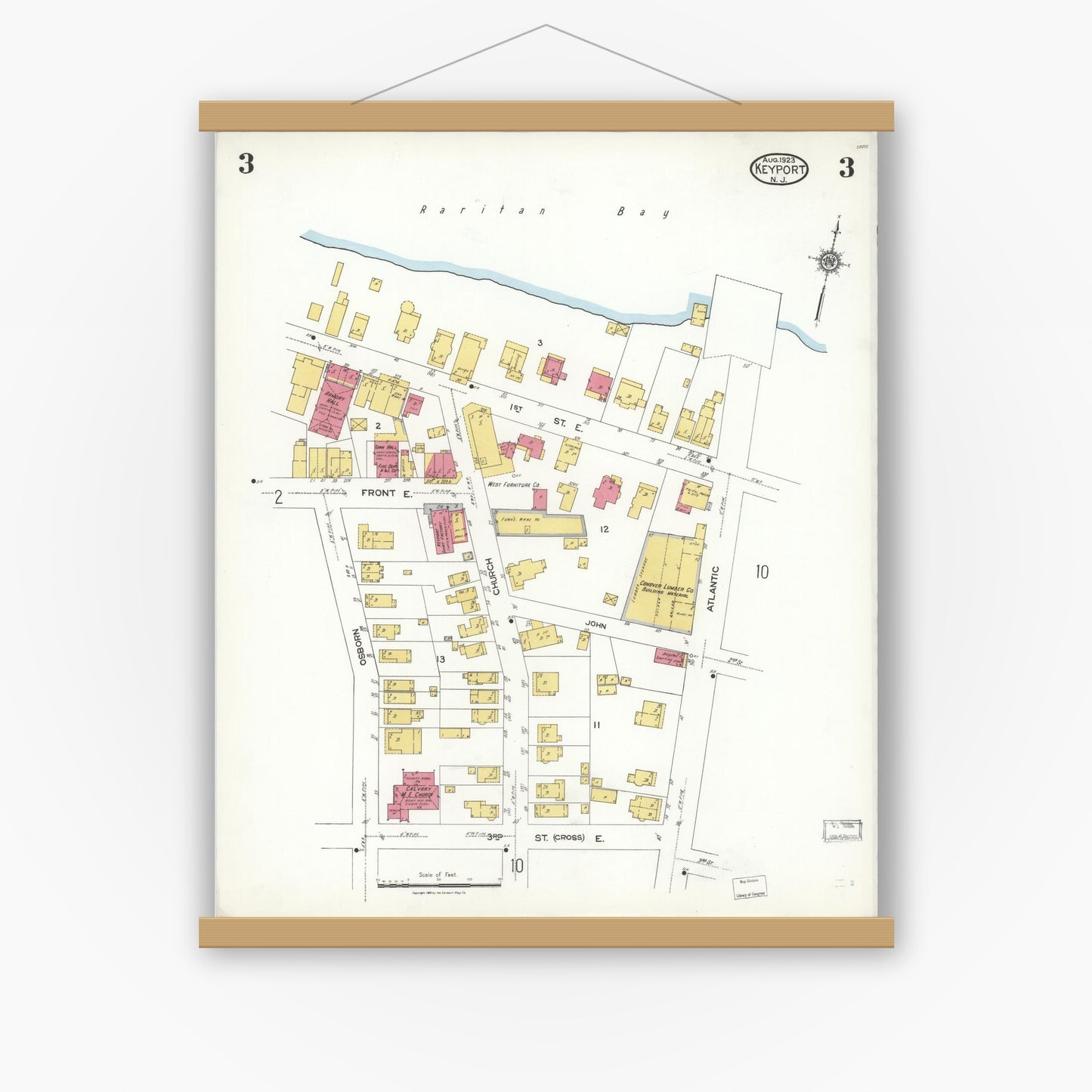 Old map wall art mockup — magnetic wood frame on white wall — Sanborn Fire Insurance Map from Keyport, Monmouth County, New Jersey (1923), Sheet #0003
