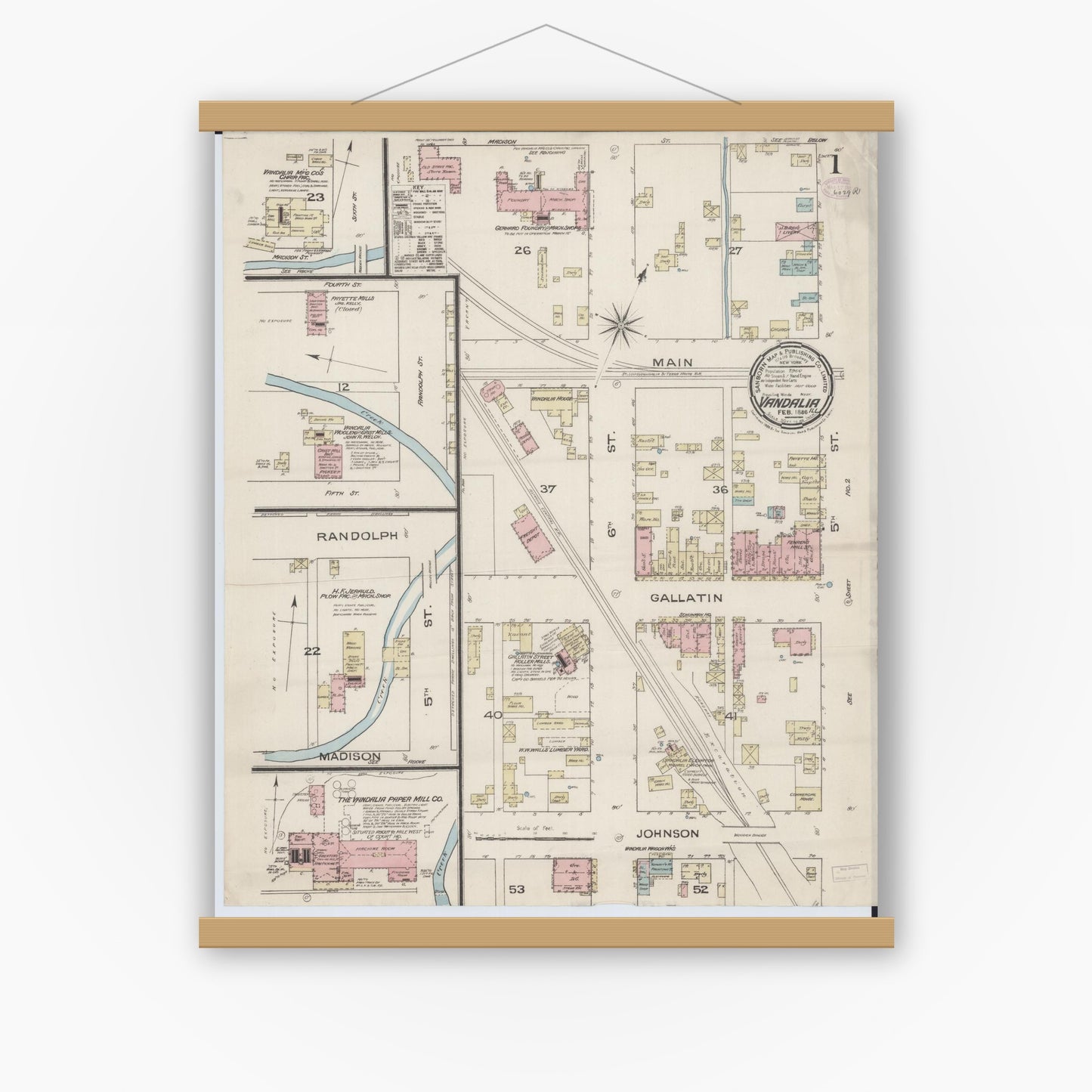 Old map wall art mockup — magnetic wood frame on white wall — Sanborn Fire Insurance Map from Vandalia, Fayette County, Illinois (1886) - Complete Map Set