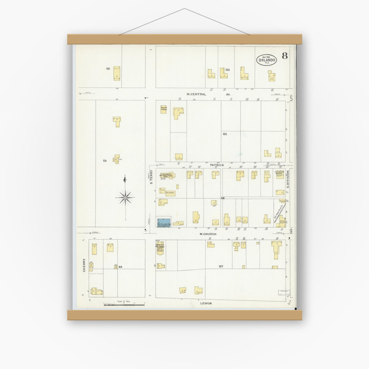 Old map wall art mockup — magnetic wood frame on white wall — Sanborn Fire Insurance Map from Orlando, Orange County, Florida (1908), Sheet #0008