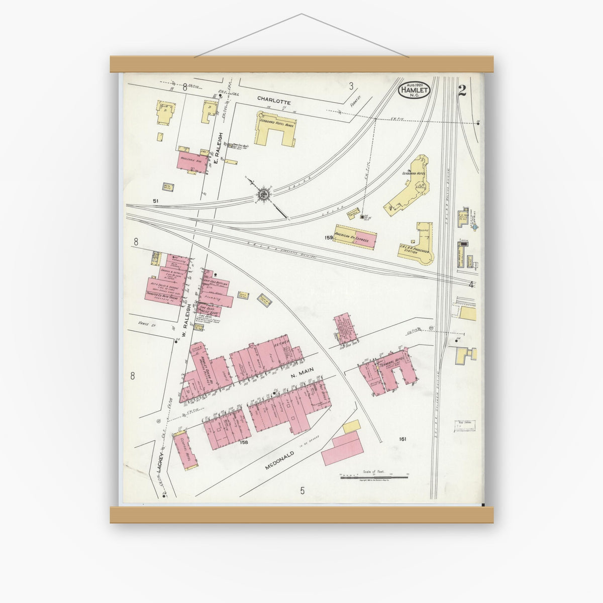 Old map wall art mockup — magnetic wood frame on white wall — Sanborn Fire Insurance Map from Hamlet, Richmond County, North Carolina (1920), Sheet #0002