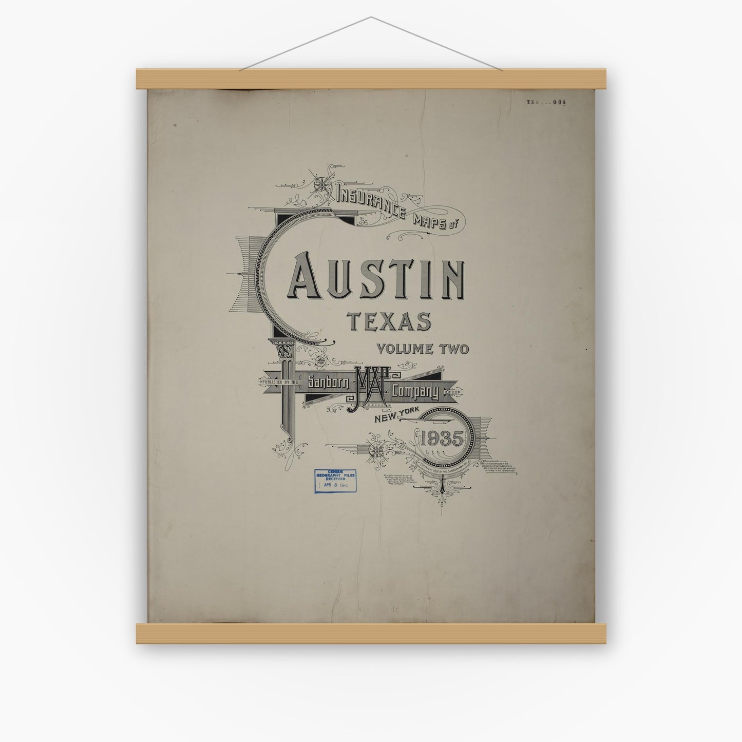 Old map wall art mockup — magnetic wood frame on white wall — Sanborn Fire Insurance Map from Austin, Travis County, Texas (1962), Sheet #0001