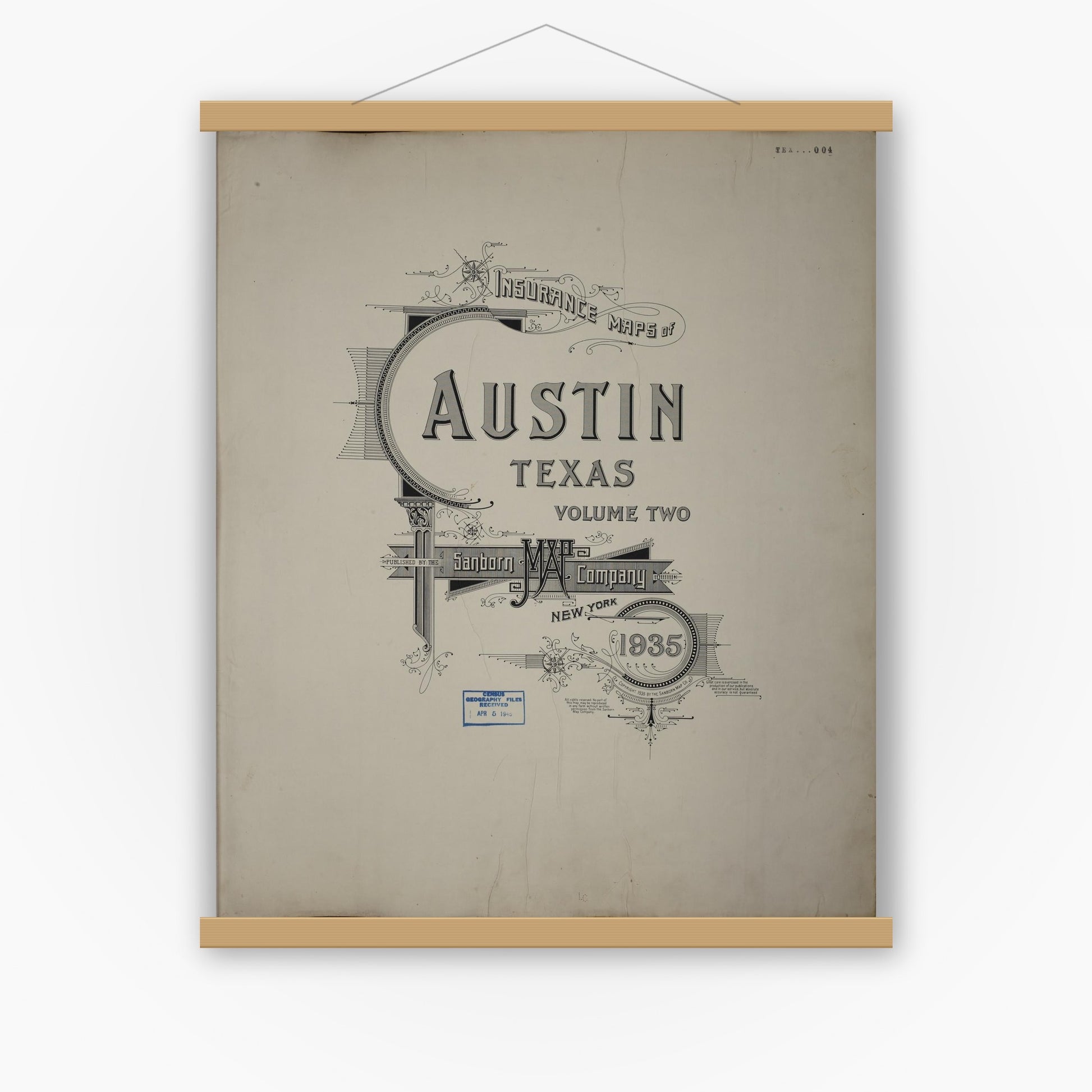 Old map wall art mockup — magnetic wood frame on white wall — Sanborn Fire Insurance Map from Austin, Travis County, Texas (1962), Sheet #0001