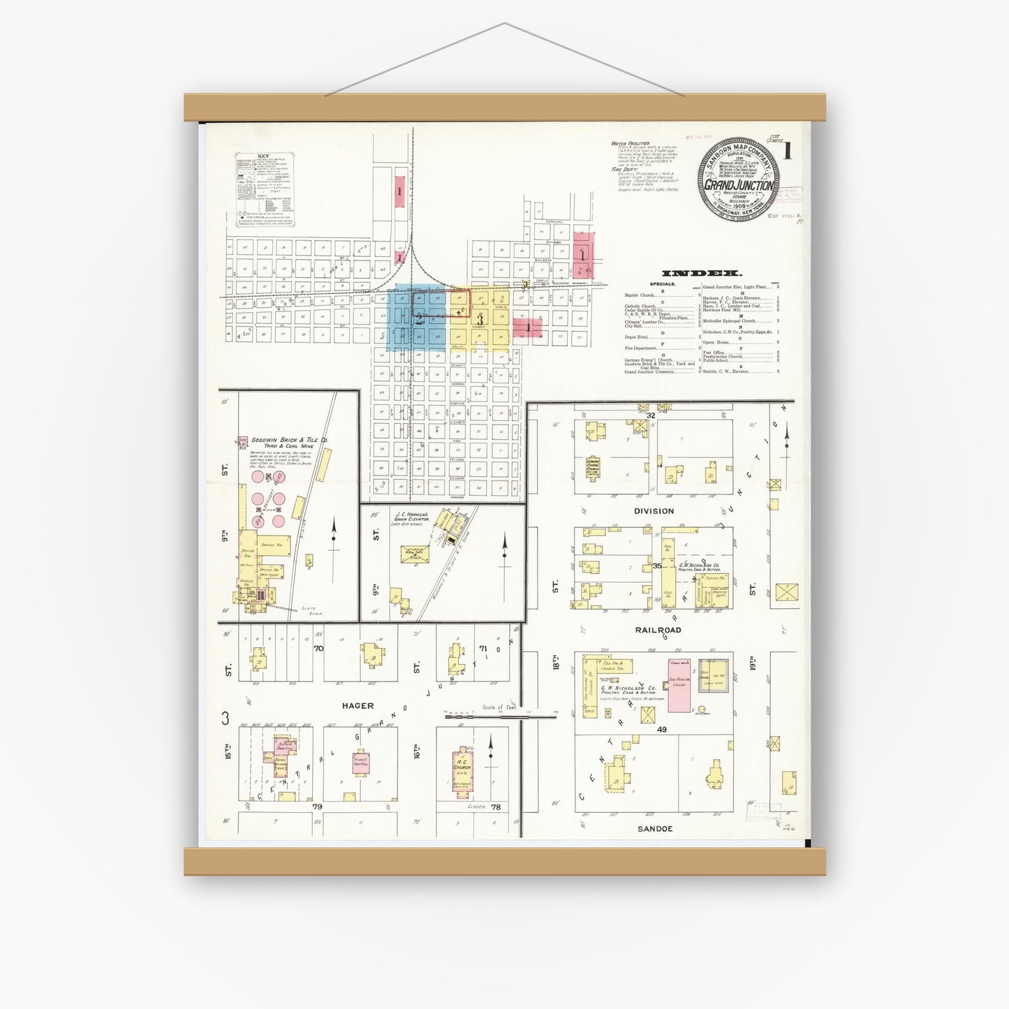 Old map wall art mockup — magnetic wood frame on white wall — Sanborn Fire Insurance Map from Grand Junction, Greene County, Iowa (1909) â€” Complete Set