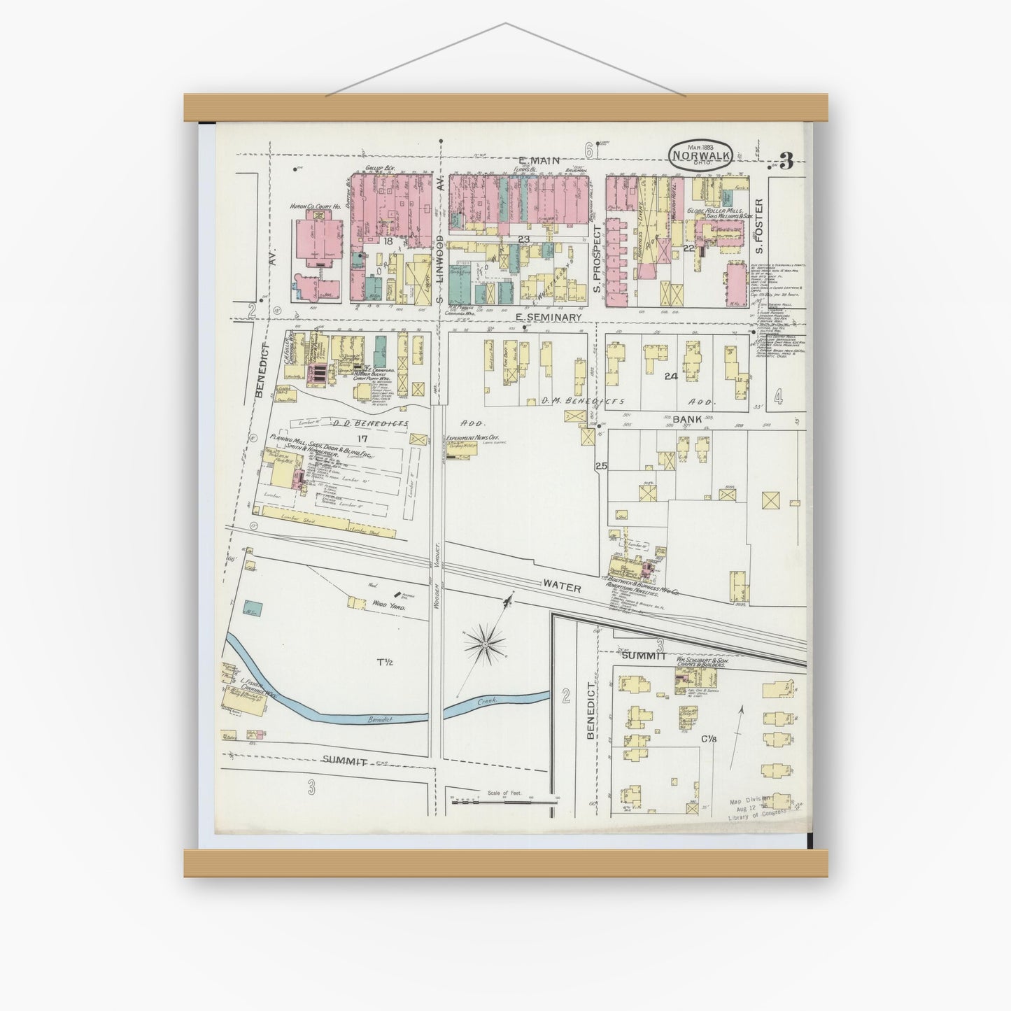 Old map wall art mockup — magnetic wood frame on white wall — Sanborn Fire Insurance Map from Norwalk, Huron County, Ohio (1893), Sheet #0003
