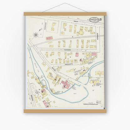 Old map wall art mockup — magnetic wood frame on white wall — Sanborn Fire Insurance Map from Leominster, Worcester County, Massachusetts (1891), Sheet #0003