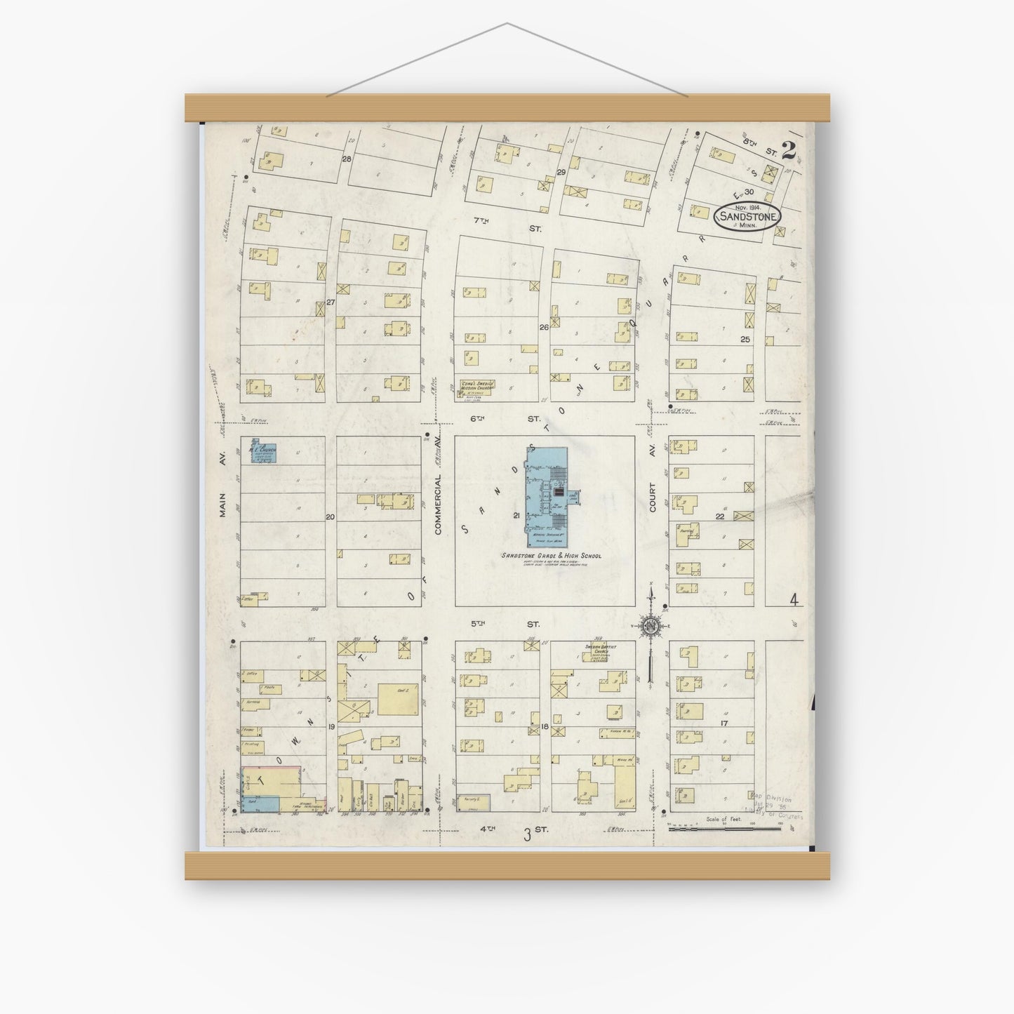 Old map wall art mockup — magnetic wood frame on white wall — Sanborn Fire Insurance Map from Sandstone, Pine County, Minnesota (1914), Sheet #0002