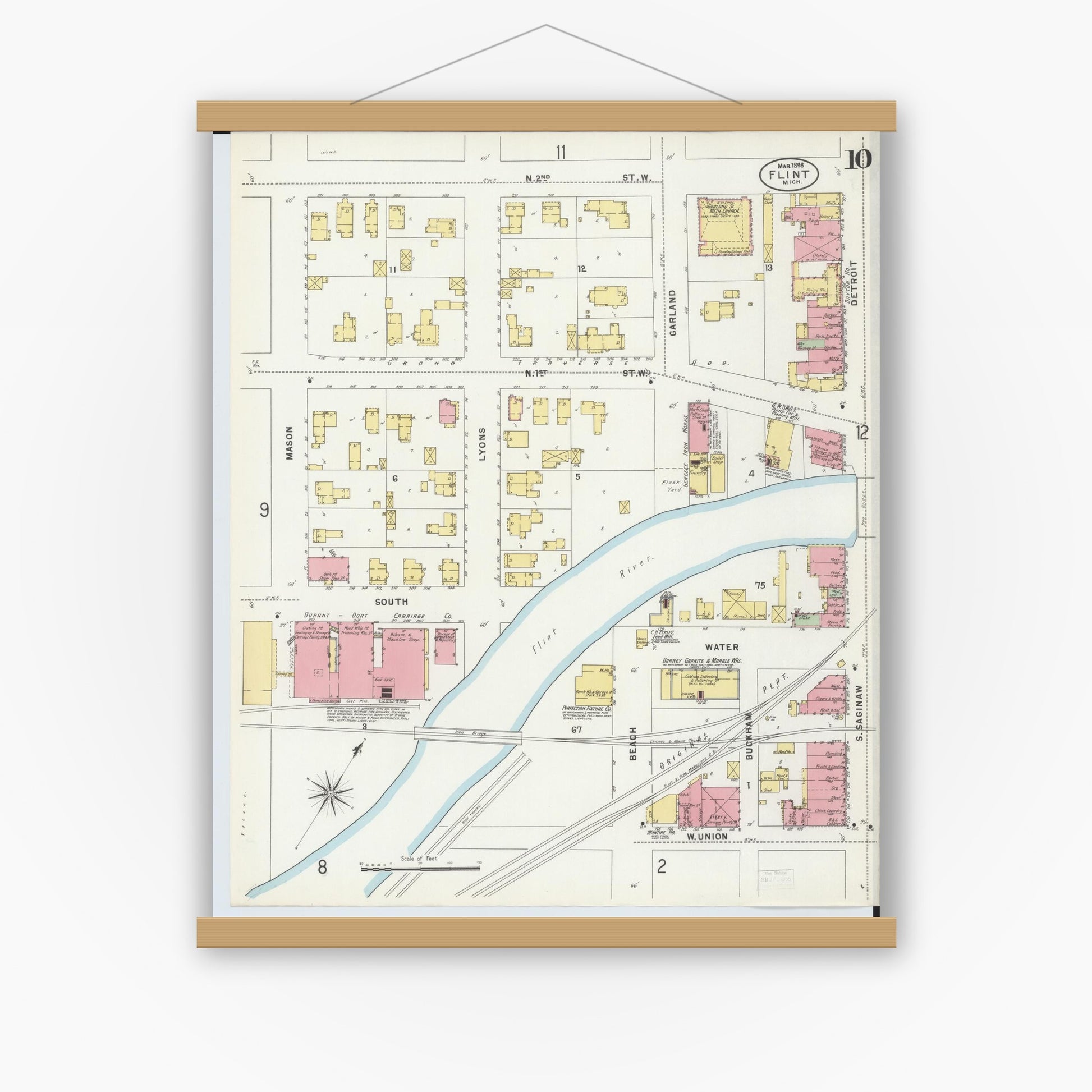 Old map wall art mockup — magnetic wood frame on white wall — Sanborn Fire Insurance Map from Flint, Genesee County, Michigan (1898), Sheet #0010