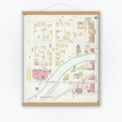 Old map wall art mockup — magnetic wood frame on white wall — Sanborn Fire Insurance Map from Flint, Genesee County, Michigan (1898), Sheet #0010