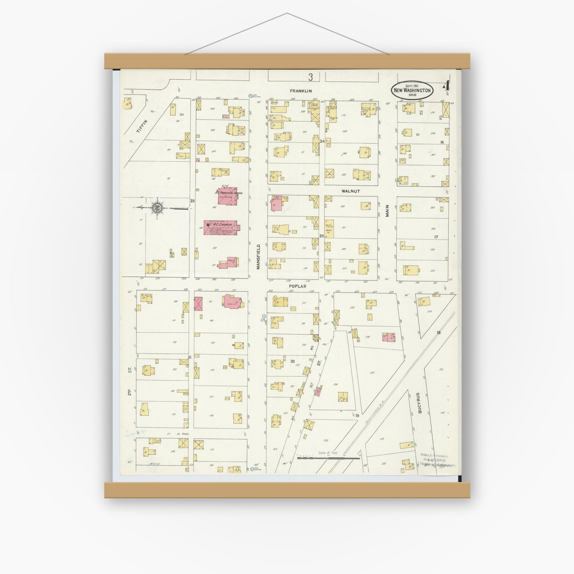 Old map wall art mockup — magnetic wood frame on white wall — Sanborn Fire Insurance Map from New Washington, Crawford County, Ohio (1911), Sheet #0004