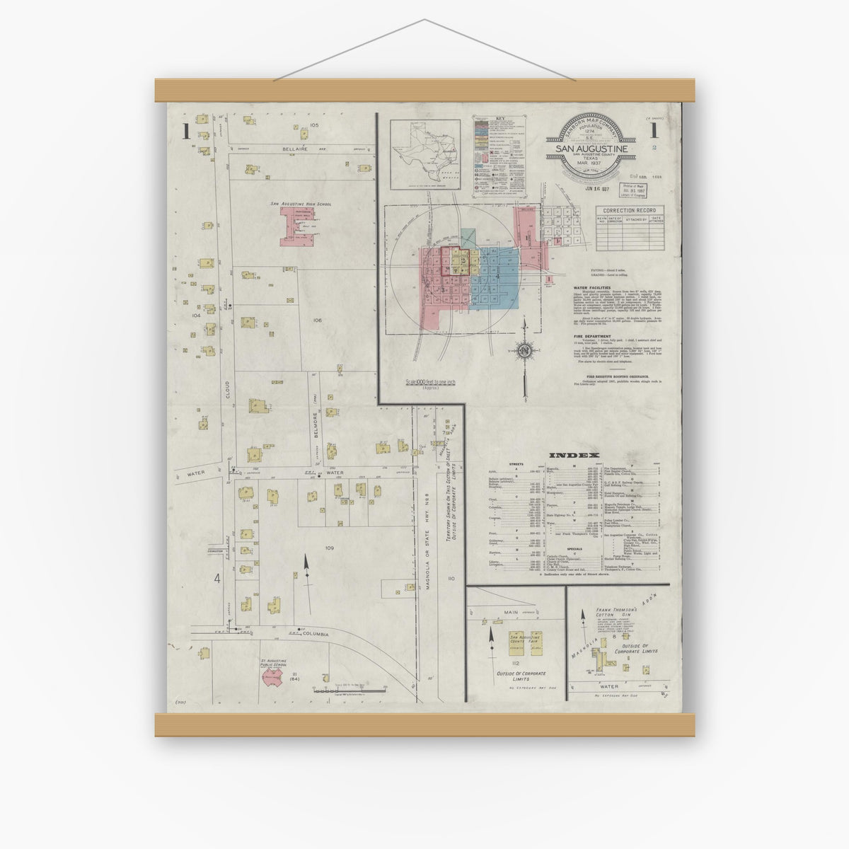 Old map wall art mockup — magnetic wood frame on white wall — Sanborn Fire Insurance Map from San Augustine, San Augustine County, Texas (1937), Sheet #0001