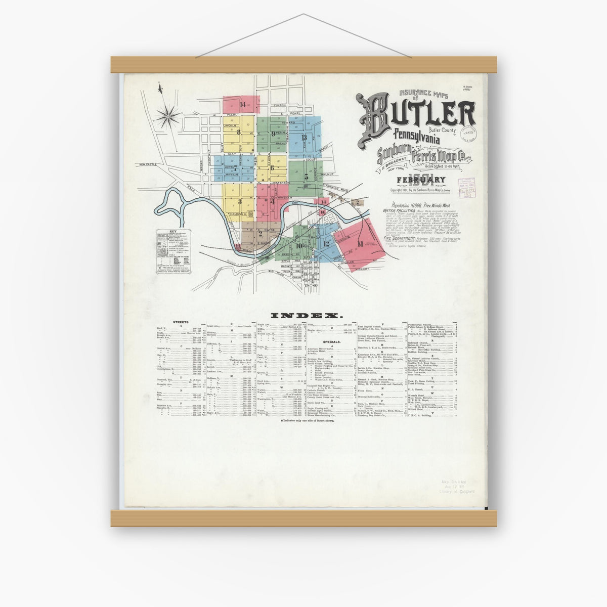 Old map wall art mockup — magnetic wood frame on white wall — Sanborn Fire Insurance Map from Butler, Butler County, Pennsylvania (1901) - Complete Map Set