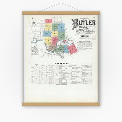 Old map wall art mockup — magnetic wood frame on white wall — Sanborn Fire Insurance Map from Butler, Butler County, Pennsylvania (1901) - Complete Map Set