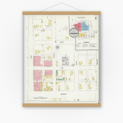 Old map wall art mockup — magnetic wood frame on white wall — Sanborn Fire Insurance Map from Winnsboro, Wood County, Texas (1904) - Complete Map Set