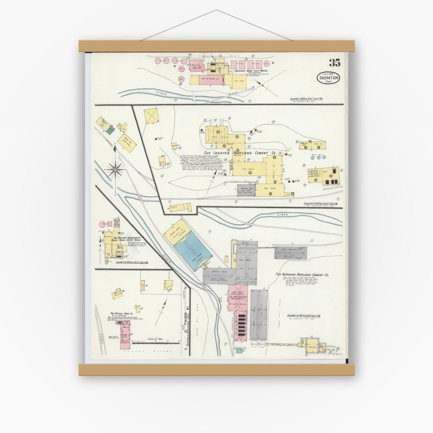 Old map wall art mockup — magnetic wood frame on white wall — Sanborn Fire Insurance Map from Ironton, Lawrence County, Ohio (1909), Sheet #0035