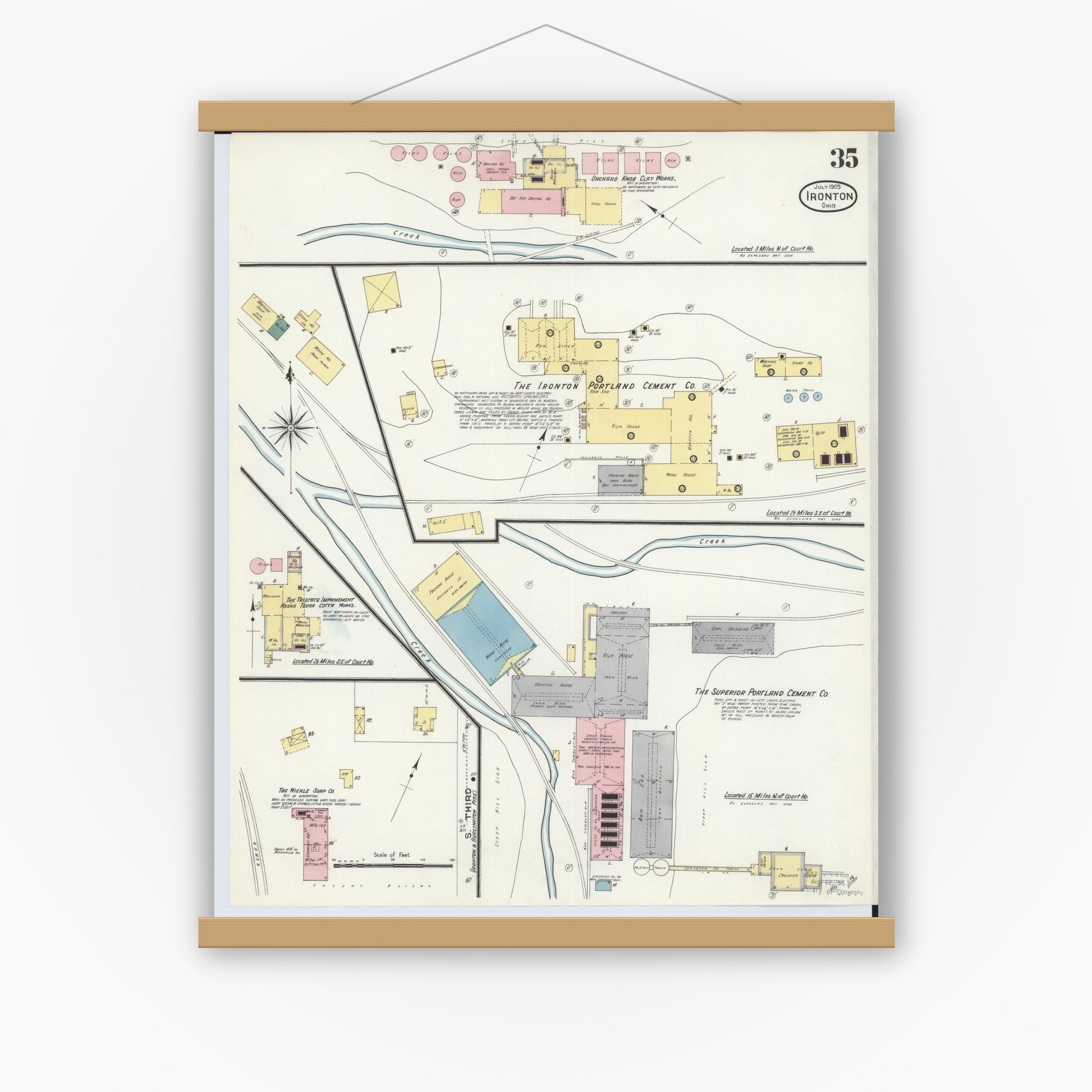 Old map wall art mockup — magnetic wood frame on white wall — Sanborn Fire Insurance Map from Ironton, Lawrence County, Ohio (1909), Sheet #0035