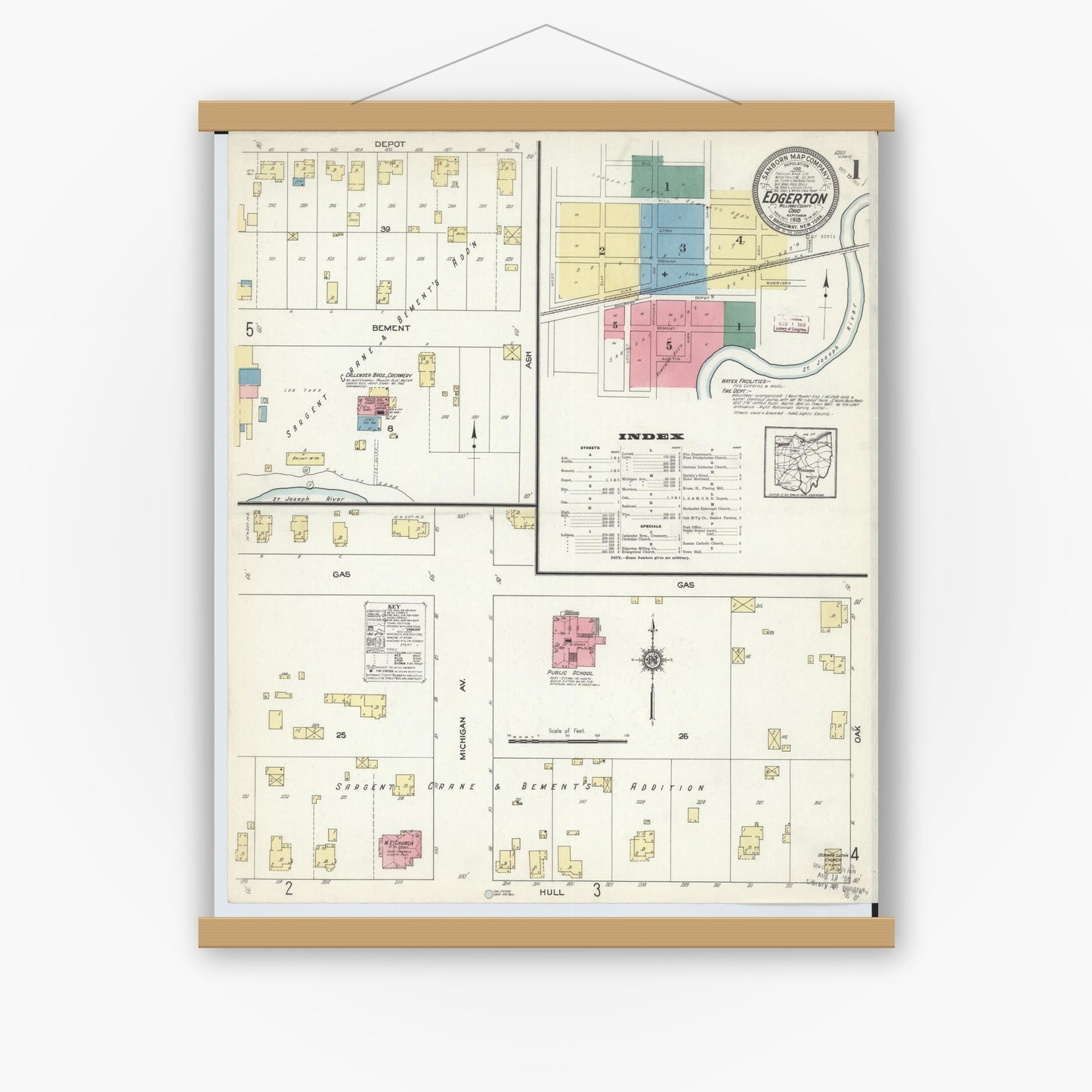 Old map wall art mockup — magnetic wood frame on white wall — Sanborn Fire Insurance Map from Edgerton, Williams County, Ohio (1913) - Complete Map Set