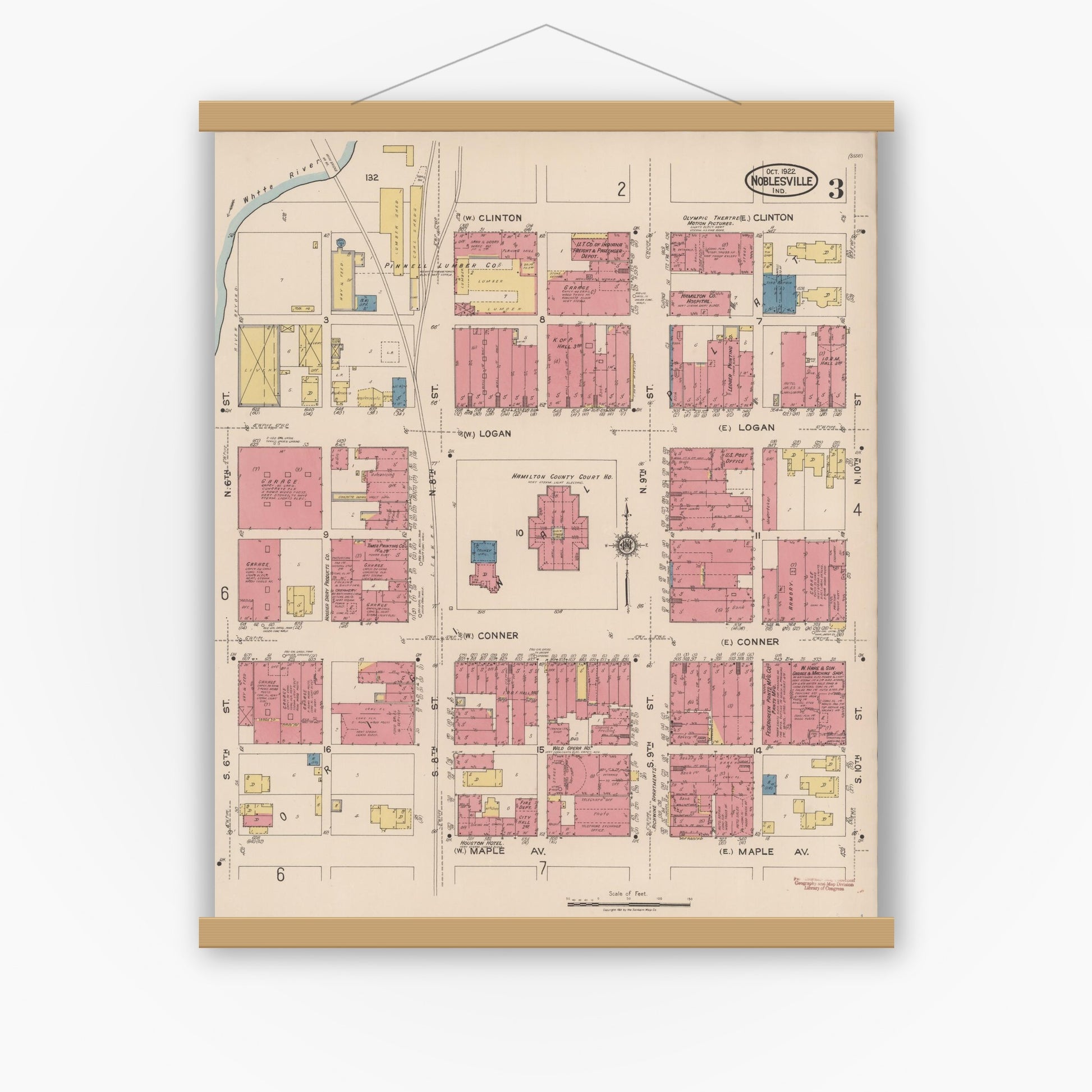 Old map wall art mockup — magnetic wood frame on white wall — Sanborn Fire Insurance Map from Noblesville, Hamilton County, Indiana (1922), Sheet #0003