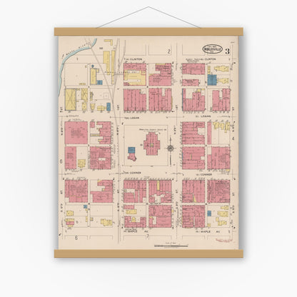 Old map wall art mockup — magnetic wood frame on white wall — Sanborn Fire Insurance Map from Noblesville, Hamilton County, Indiana (1922), Sheet #0003