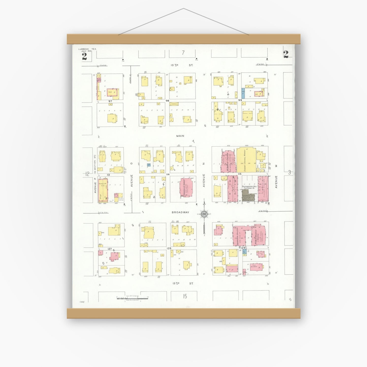 Old map wall art mockup — magnetic wood frame on white wall — Sanborn Fire Insurance Map from Lubbock, Lubbock County, Texas (1931), Sheet #0002