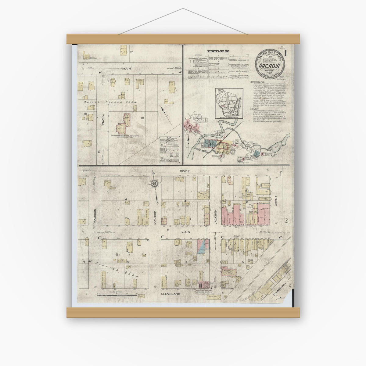Old map wall art mockup — magnetic wood frame on white wall — Sanborn Fire Insurance Map from Arcadia, Trempealeau County, Wisconsin (1914), Sheet #0001