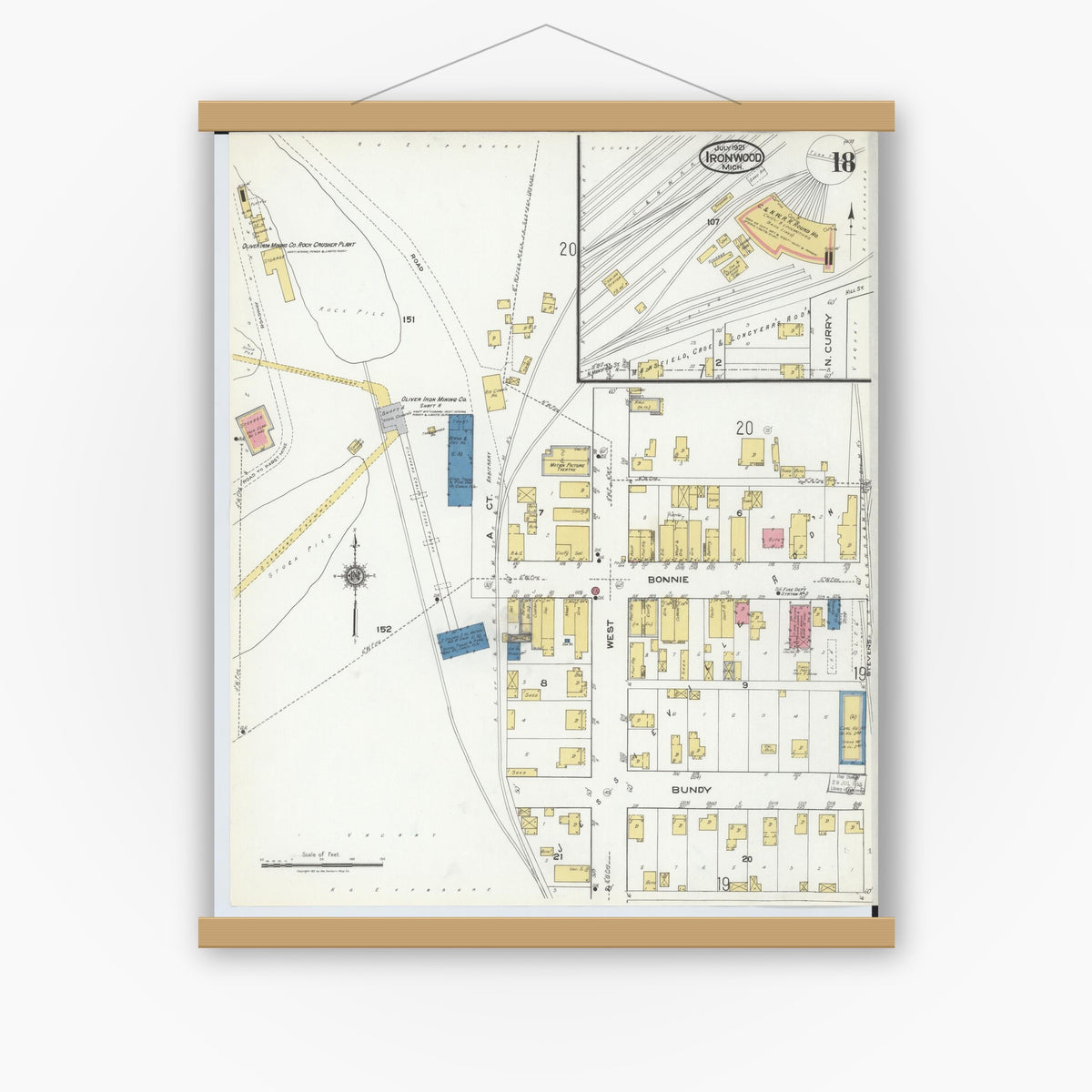 Old map wall art mockup — magnetic wood frame on white wall — Sanborn Fire Insurance Map from Ironwood, Gogebic County, Michigan (1921), Sheet #0018