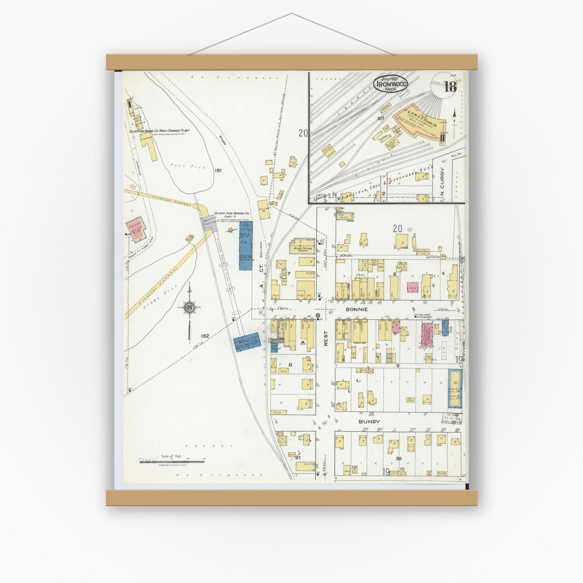 Old map wall art mockup — magnetic wood frame on white wall — Sanborn Fire Insurance Map from Ironwood, Gogebic County, Michigan (1921), Sheet #0018