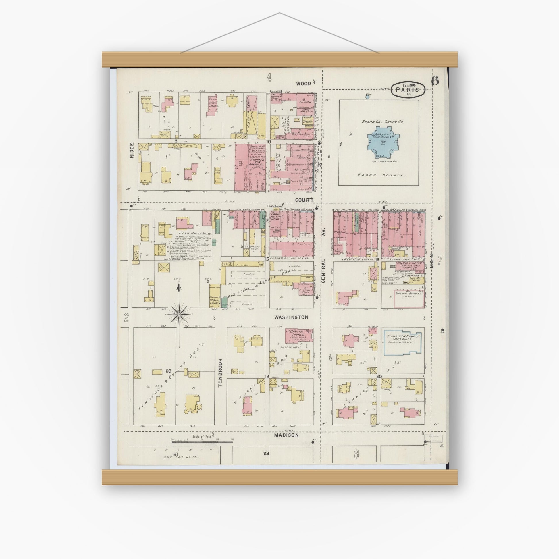 Old map wall art mockup — magnetic wood frame on white wall — Sanborn Fire Insurance Map from Paris, Edgar County, Illinois (1895), Sheet #0006