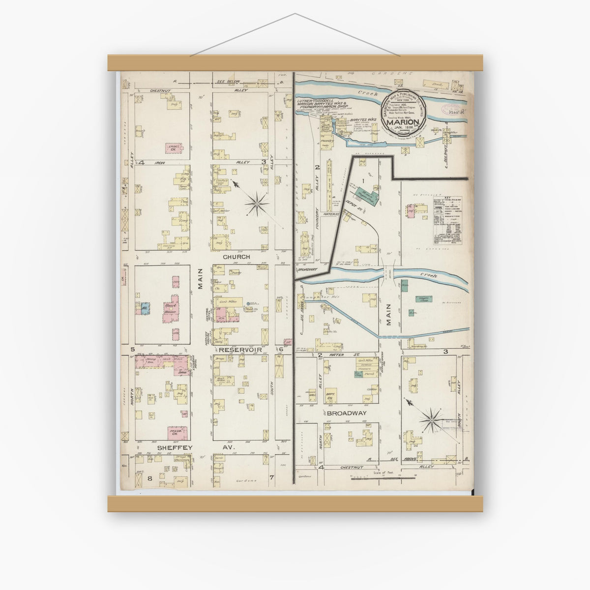 Old map wall art mockup — magnetic wood frame on white wall — Sanborn Fire Insurance Map from Marion, Smyth County, Virginia (1886), Sheet #0001
