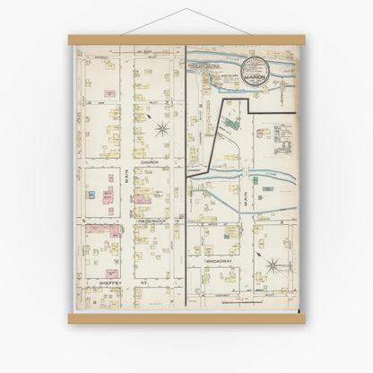 Old map wall art mockup — magnetic wood frame on white wall — Sanborn Fire Insurance Map from Marion, Smyth County, Virginia (1886), Sheet #0001
