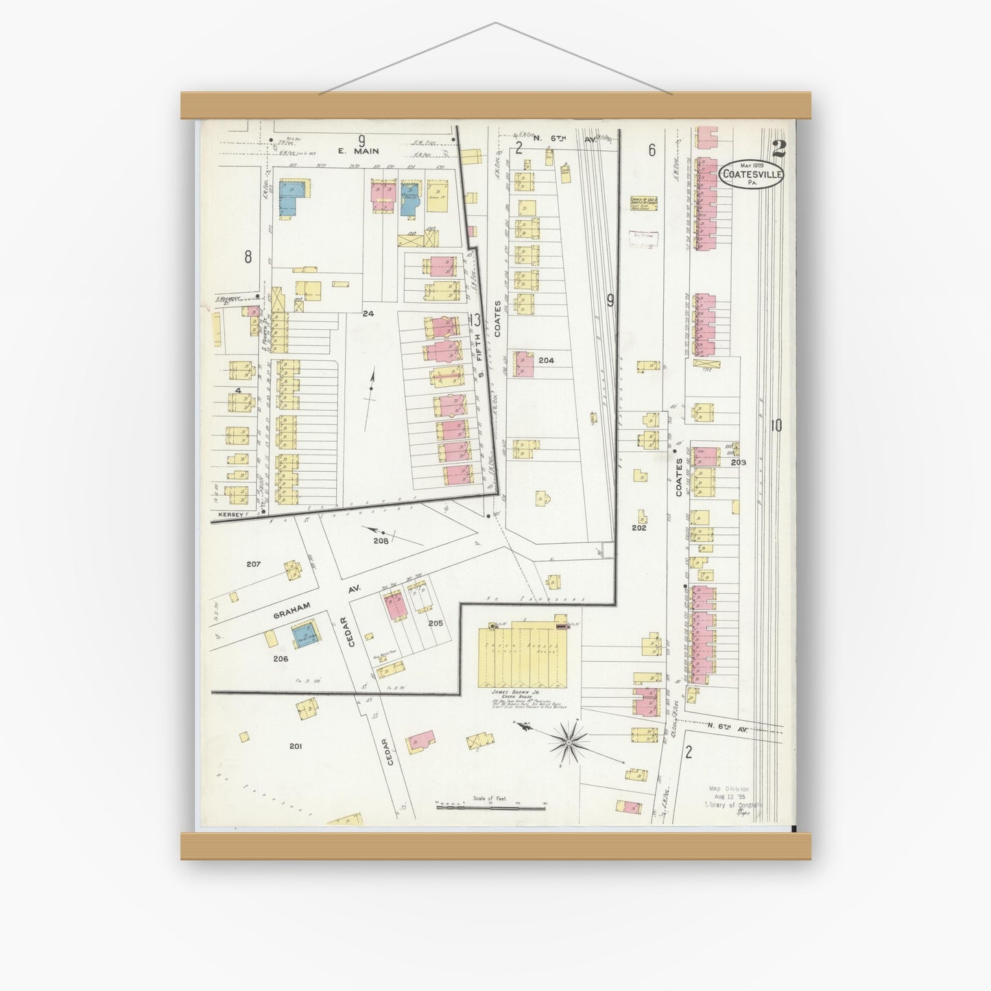 Old map wall art mockup — magnetic wood frame on white wall — Sanborn Fire Insurance Map from Coatesville, Chester County, Pennsylvania (1909), Sheet #0002