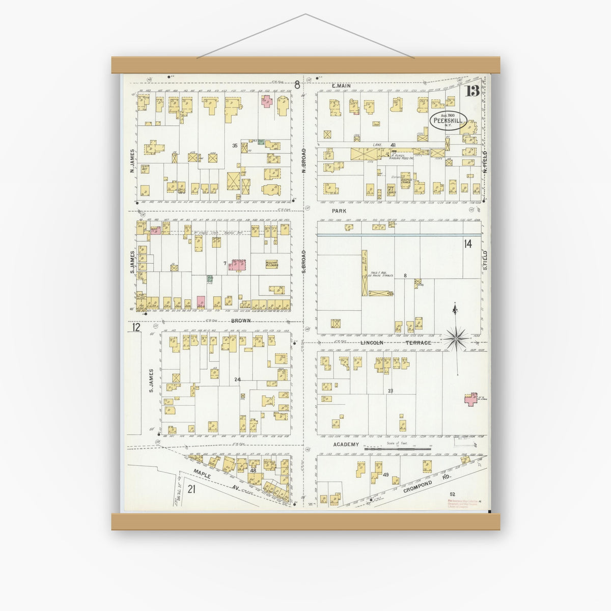 Old map wall art mockup — magnetic wood frame on white wall — Sanborn Fire Insurance Map from Peekskill, Westchester County, New York (1900), Sheet #0013