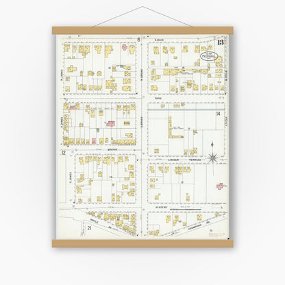 Old map wall art mockup — magnetic wood frame on white wall — Sanborn Fire Insurance Map from Peekskill, Westchester County, New York (1900), Sheet #0013