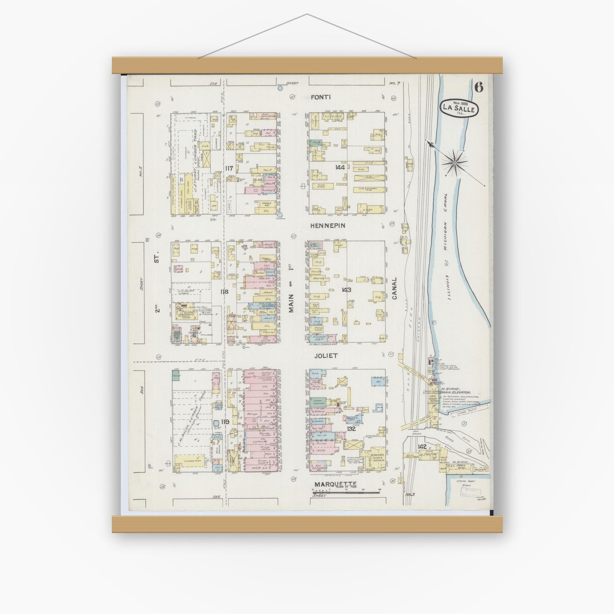 Old map wall art mockup — magnetic wood frame on white wall — Sanborn Fire Insurance Map from La Salle, La Salle County, Illinois (1888), Sheet #0006
